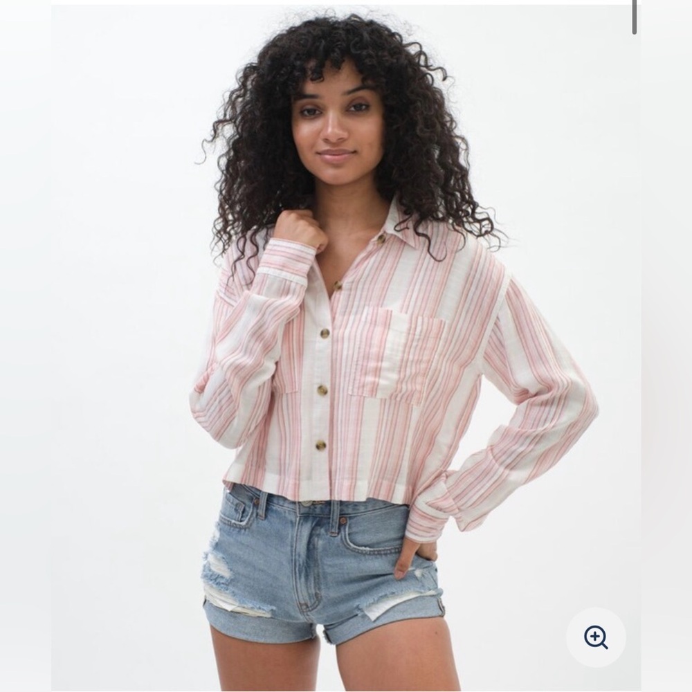Aeropostale Long Sleeve Striped Button-Down Top Pink White Small